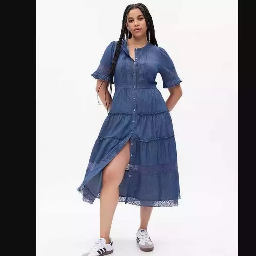 Gap × LoveShackFancy Denim Tiered Midi Dress